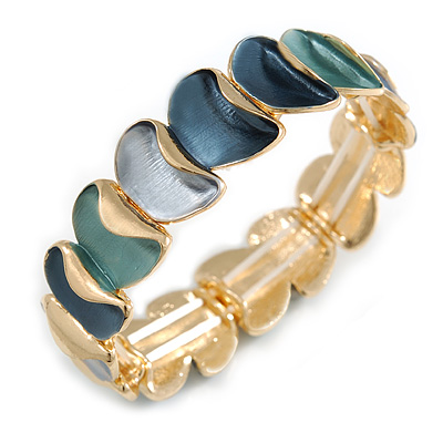 Teal/ Grey/ Blue Enamel Curly Oval Cluster Textured Flex Bracelet In Gold Tone - 20cm Long