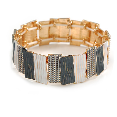 Dark Grey/ Metallic Silver/ White Enamel Geometric Hammered Flex Bracelet In Gold Tone - 20cm Long