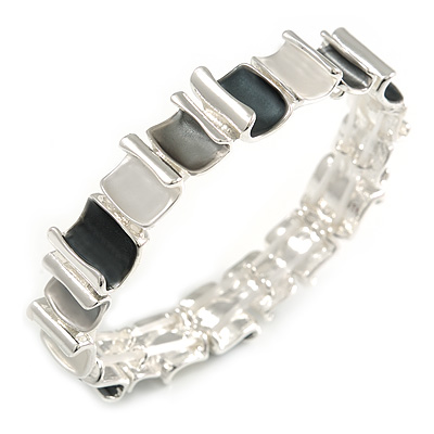 Dark Grey/ Grey/ Metallic Curly Squares Geometric Flex Bracelet in Silver Tone - 20cm Long