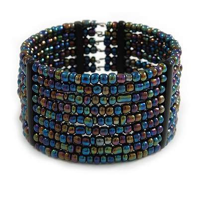 Peacock Glass Bead Flex Cuff Bracelet - Medium