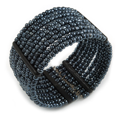 Hematite Glass Bead Flex Cuff Bracelet - Medium