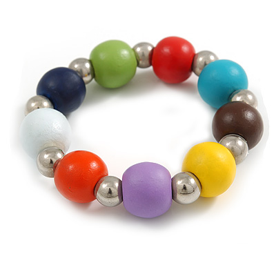Multicoloured Painted Wood and Silver Acrylic Bead Flex Bracelet - Medium