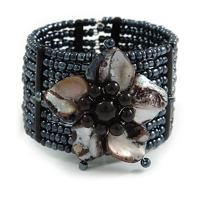Black/ Dark Grey Glass Bead Flex Cuff Bracelet with Shell Flower - M/ L