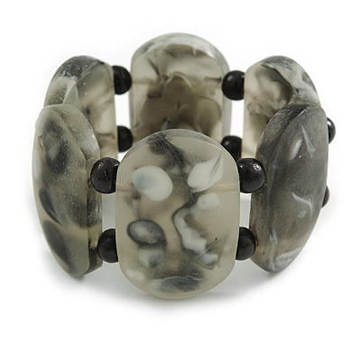 Wide Chunky Resin/ Wood Bead Flex Bracelet in Black/ Grey/ White - M/ L