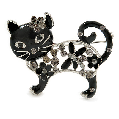 Black Crystal Enamel Cat Brooch