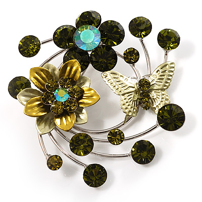 Fancy Butterfly And Flower Brooch (Olive Green)
