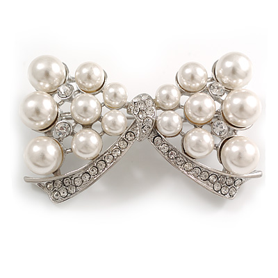 Imitation Pearl Diamante Bow Brooch (Silver Tone)