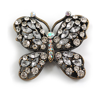 Antique Bronze Diamante Butterfly Brooch