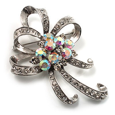 Crystal Bow Corsage Brooch (Silver Tone)