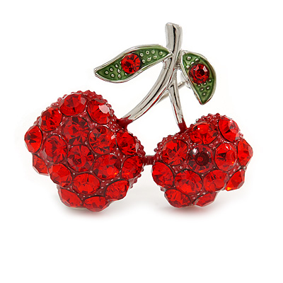 Small Diamante Cherry Pin In Silver Tone Metal - 30mm Tall
