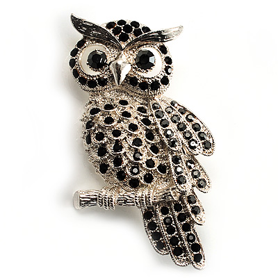 Large Jet Black Swarovski Crystal Owl Brooch (Silver Tone) - avalaya.com