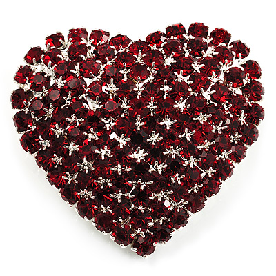 Burgundy Red Diamante Heart Brooch (Silver Tone)