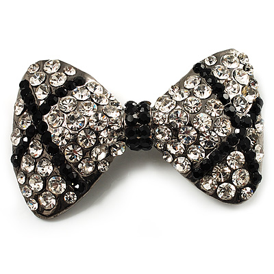 Gun Metal Diamante Bow Brooch (Black & Clear)