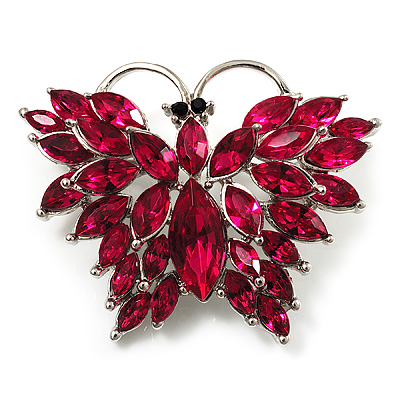 Bright Magenta Diamante Butterfly Brooch (Silver Tone)