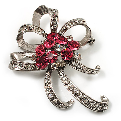 Pink Crystal Bow Corsage Brooch (Silver Tone)