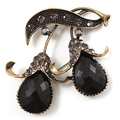 Vintage Black Crystal Cherry Brooch (Antique Gold Finish)