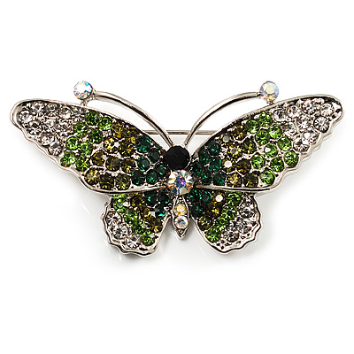 Green Crystal Butterfly Brooch (Silver Tone)
