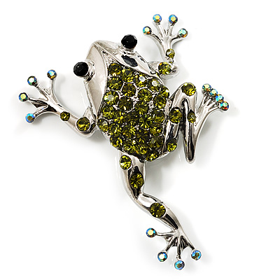 Olive Green Crystal 'Leaping Frog' (Silver Tone Metal) - avalaya.com