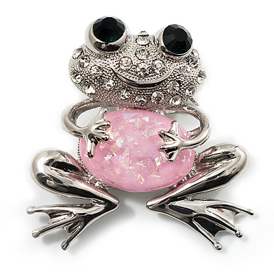 'Smiling Frog' Crystal Brooch (Silver Tone Metal)