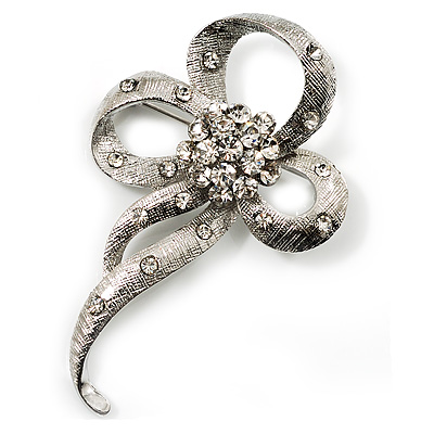 Silver Tone Clear Crystal Fancy Bow Brooch