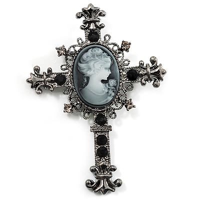Victorian Style Cross Cameo Brooch (Gun Metal)