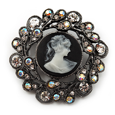 Black Round Crystal Cameo Brooch (Gun Metal Finish)