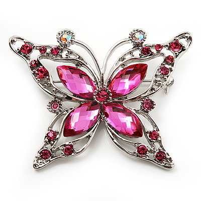 Fuchsia Diamante Butterfly Brooch (Silver Tone)