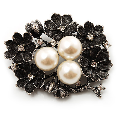 Vintage 'Bouquet of Flowers' Brooch In Burn Silver Metal