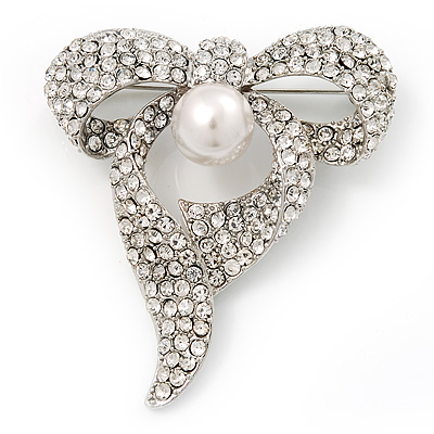 Stunning Diamante Simulated Pearl Bow Brooch In Rhodium Plated Metal