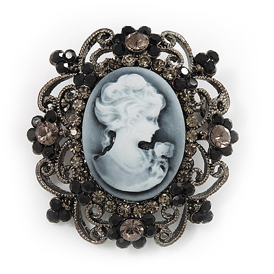 Gun Metal Black/Grey Diamante 'Cameo' Brooch - 4.5cm Length