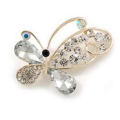 Asymmetrical Clear Diamante Butterfly Brooch In Gold Finish - 5cm Length