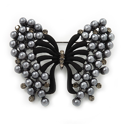 Ash Grey Faux Pearl Butterfly Brooch In Gun Metal Finish - 5cm Length