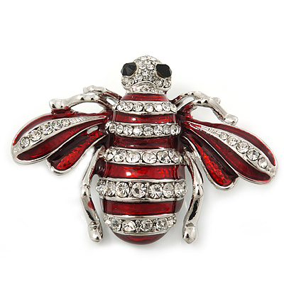 Cute Clear Crystal Burgundy Enamel 'Bee' Brooch In Rhodium Plating - 5cm Width