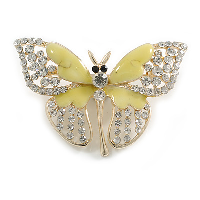 Dazzling Diamante /Pale Green Enamel Butterfly Brooch In Gold Plaiting - 70mm Width
