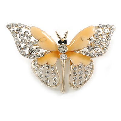Dazzling Diamante /Magnolia Enamel Butterfly Brooch In Gold Plaiting - 70mm Width
