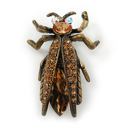 Vintage Inspired Ligth Amber Coloured Diamante 'Fly' Brooch In Bronze Tone - 35mm Length