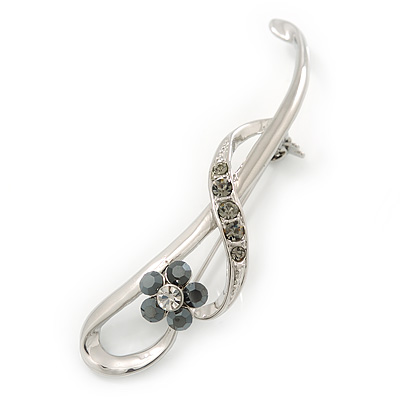 Polished Rhodium Plated Black, Grey Crystal Fancy Brooch - 70mm Length