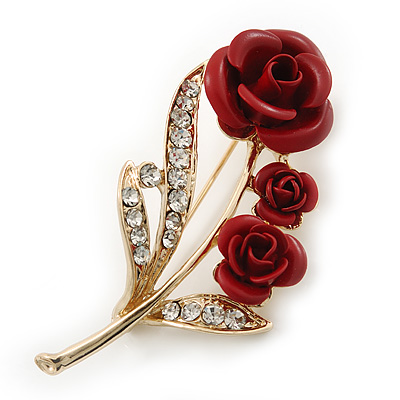 Gold Plated Red 'Roses' Diamante Brooch - 52mm Length - avalaya.com