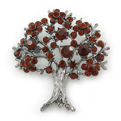 Dark Amber Coloured Crystal 'Tree Of Life' Brooch In Gun Metal Finish - 52mm Length