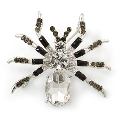 Clear/ Grey Crystal, Black Enamel 'Spider' Brooch In Rhodium Plating - 40mm Width