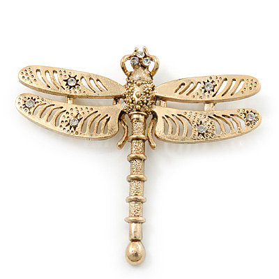 Gold Plated Textured, Crystal 'Dragonfly' Brooch - 70mm Width