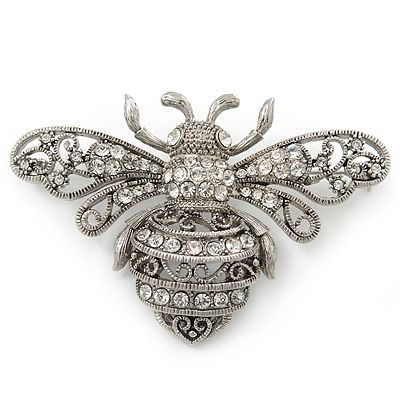 Large Silver Tone Filigree Crystal 'Bumble Bee' Brooch - 70mm Width