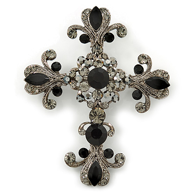 Statement Black/ Hematite Austrian Crystal Filigree Cross Brooch/ Pendant In Gunmetal - 70mm Length
