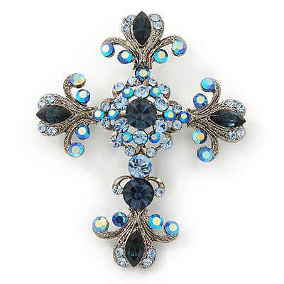 Statement Cobal/ Sky Blue Austrian Crystal Filigree Cross Brooch/ Pendant In Gunmetal - 70mm Length