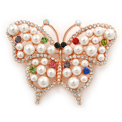 White Glass Pearl, Multicoloured Austrian Crystal Butterfly Brooch In Rose Gold Tone Metal - 58mm L