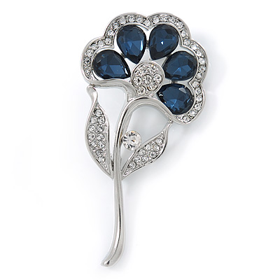 Stunning Blue CZ, Clear Austrian Crystal Floral Brooch In Rhodium Plated Metal - 52mm L