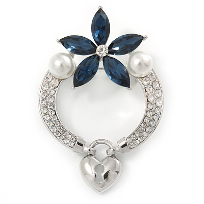 Rhodium Plated Montana Blue CZ Flower, Clear Crystal Fancy Brooch - 55mm Across