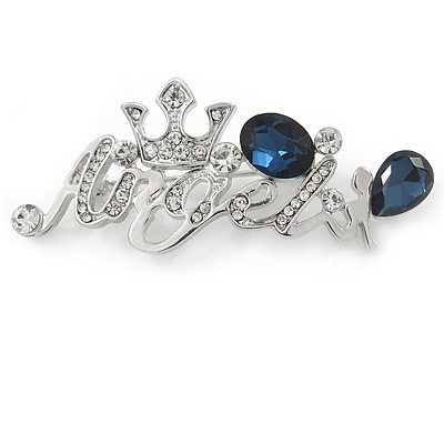 Rhodium Plated Clear Crystal, Montana Blue CZ 'Angel' Brooch - 55mm Across