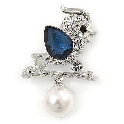 Rhodium Plated, Montana Blue CZ, Clear Crystal Sparrow Bird Brooch - 44mm Across