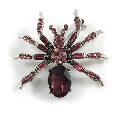 Vintage Inspired Purple/ Violet Crystal Spider Brooch In Antique Silver Tone - 40mm Across